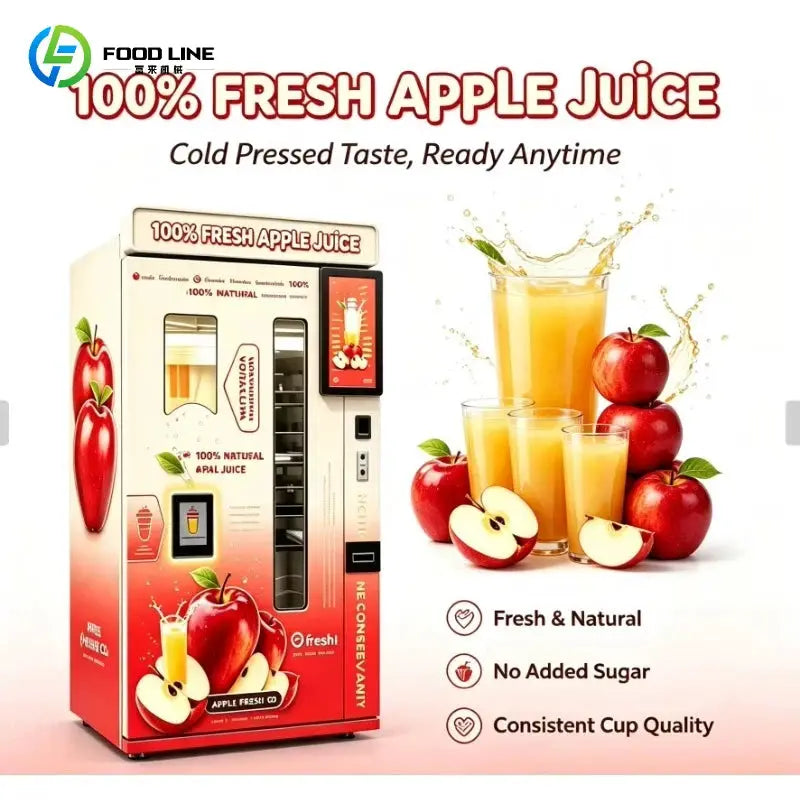 Refrigerated Apple Juice Vending Machine by PrimeCanada.Store, red/cream unit with 21.5-inch touchscreen