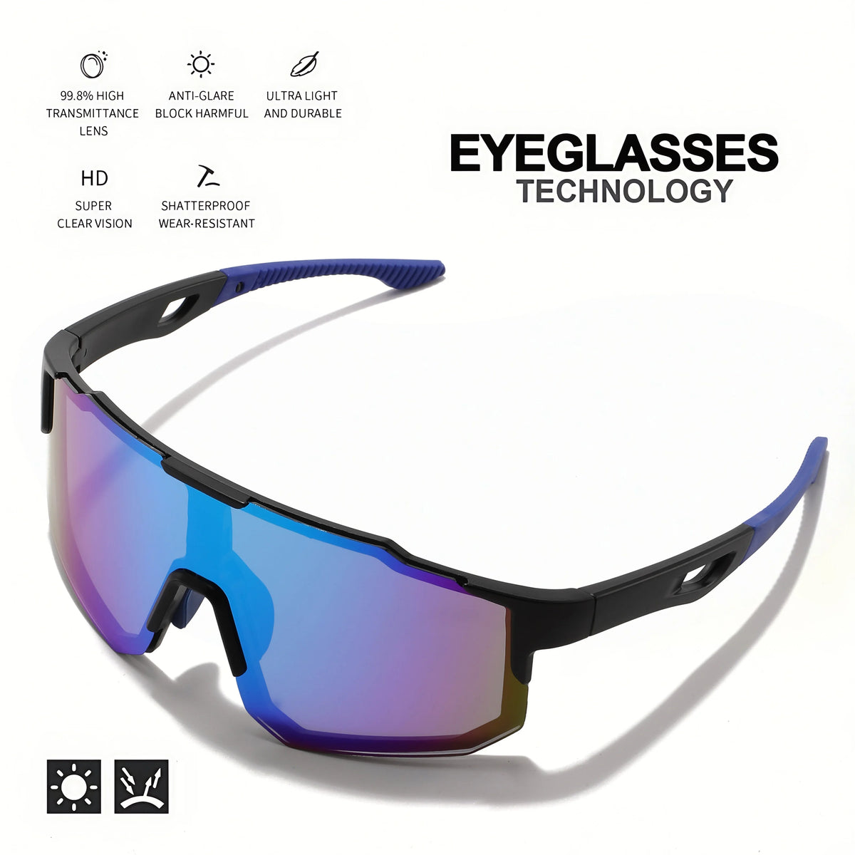 Oversized Colorful Sports Sunglasses by PrimeCanada.Store with mirrored blue-purple lenses and black frame.