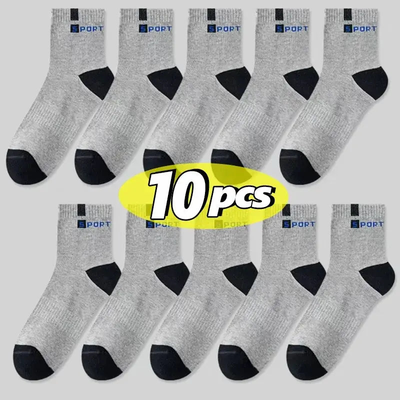 10 pairs of gray men's cotton sport socks with black toe and heel