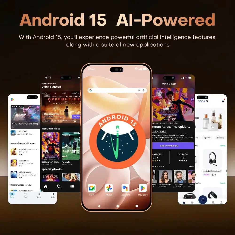 Smartphone collage with five devices, central phone displaying Android 15 AI-Powered UI
