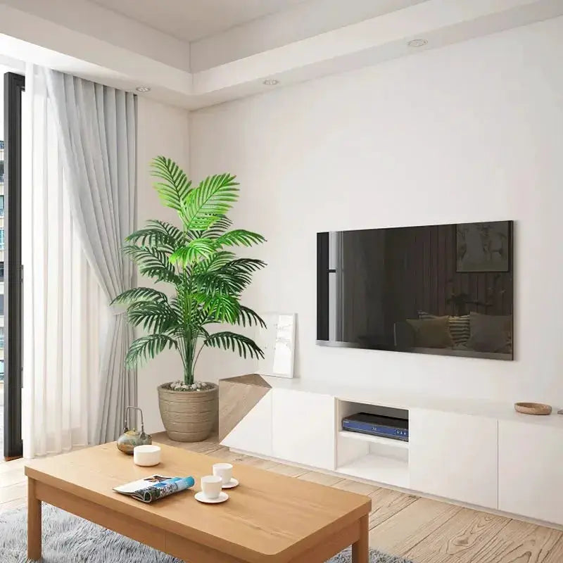 Compact Artificial Areca Palm Plant with 24 lifelike green leaves in a brown pot for home decor