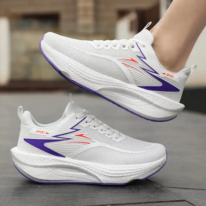 Marathon Men Sports Running Shoes, white with purple accents, two sneakers shown.