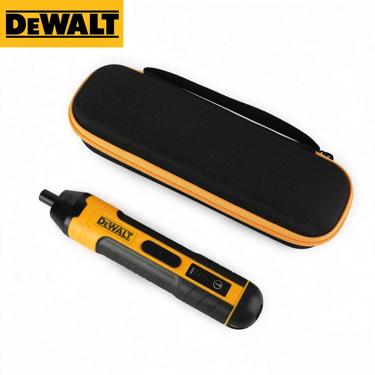 DEWALT cordless electric screwdriver, 3.6V 5N.m torque, 1/4 inch chuck, yellow/black with carrying case.