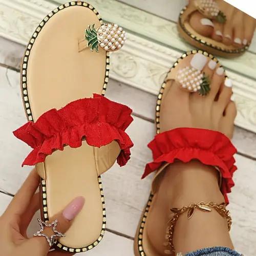 Pineapple Pearl Beach Slides (2) red ruffle straps, flat toe, PrimeCanada.Store