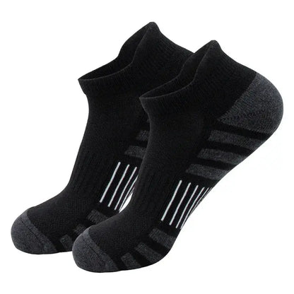 Breathable Cushioned Athletic Ankle Socks, PrimeCanada.Store, black with gray reinforced toes and heels (pair)
