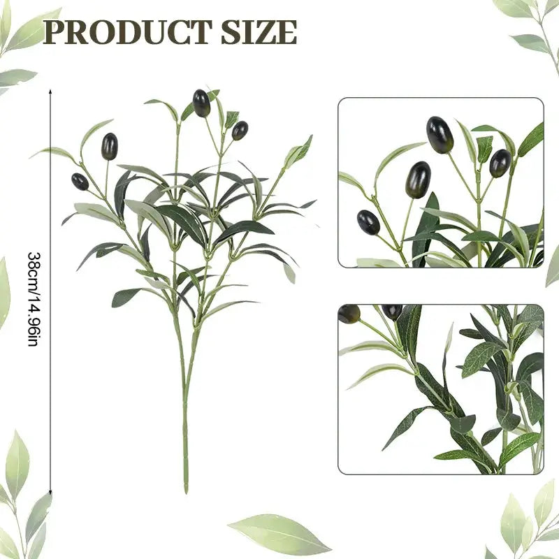 Artificial olive branch with leaves and fruit; green foliage with black olives, about 38 cm tall.