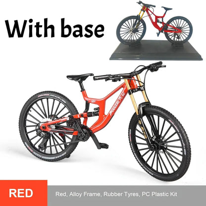 Two red alloy European 1:8 mountain bike models with dual suspension on display base