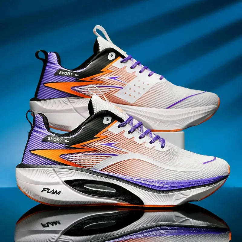 Marathon Men Sports Running Shoes pair by PrimeCanada.Store; white upper with purple accents and orange detailing