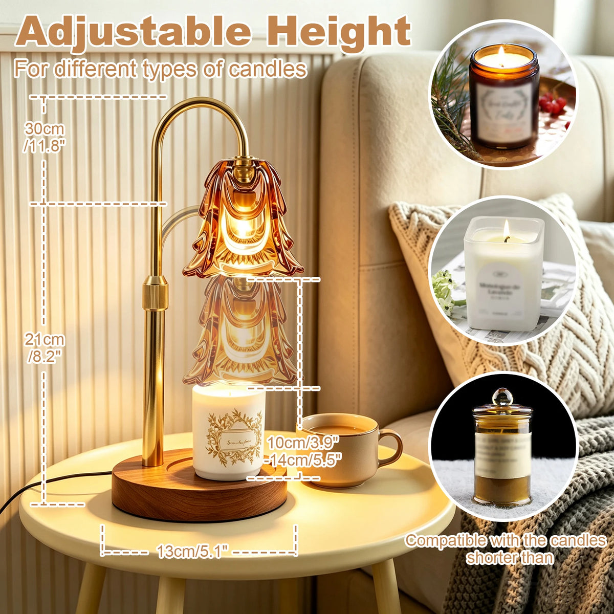 Gold candle warmer lamp with adjustable height, timer and dimmer for vintage home decor by PrimeCanada.Store