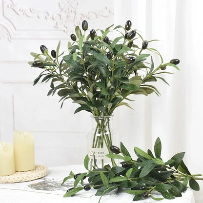 Artificial olive branch with green leaves and black olives (2 stems) in a glass vase, PrimeCanada.Store Accessories