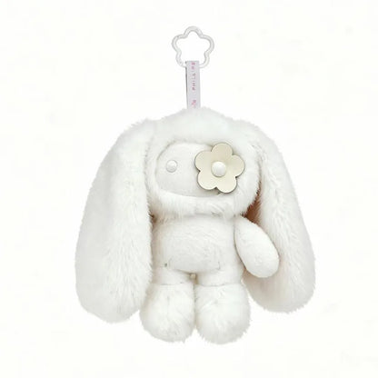 Cute Juju Rabbit plush keychain by PrimeCanada.Store, white fluffy bunny with long ears and a flower charm.