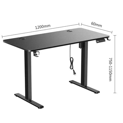 Electric height-adjustable standing desk from PrimeCanada.Store with carbon-fiber textured top and dual-leg frame.