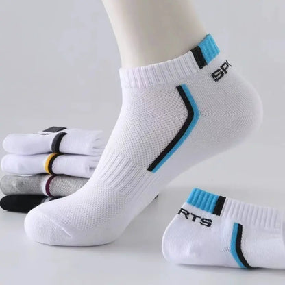 5-pair men's athletic ankle socks, white with blue and black stripes; breathable cotton for comfort.