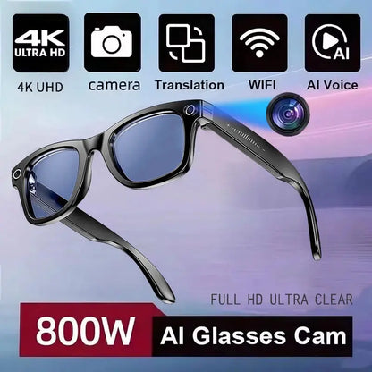 Real Time AI Translation Glasses with Camera, black frame and blue-tinted lenses