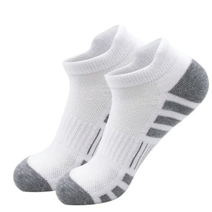 Breathable Cushioned Athletic Ankle Socks PrimeCanada.Store, white with gray heel and toe, striped gray accents