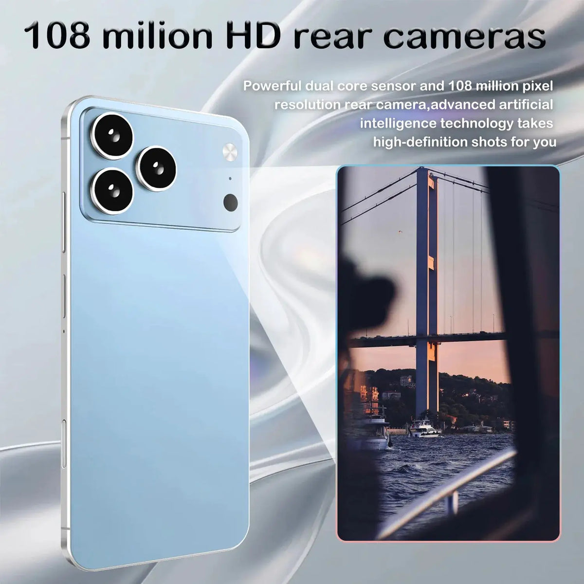 I17 Promax 5G Smartphone in blue with triple rear cameras and sleek metal frame