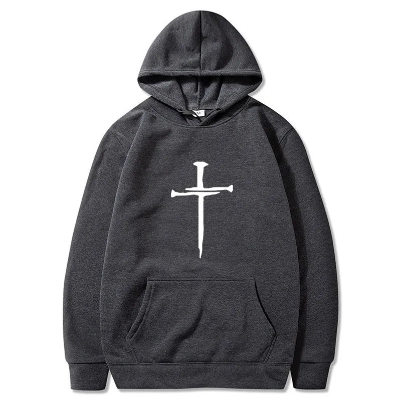 Men's Black Cross Graphic Hoodie Polyester Pullover Sweatshirt