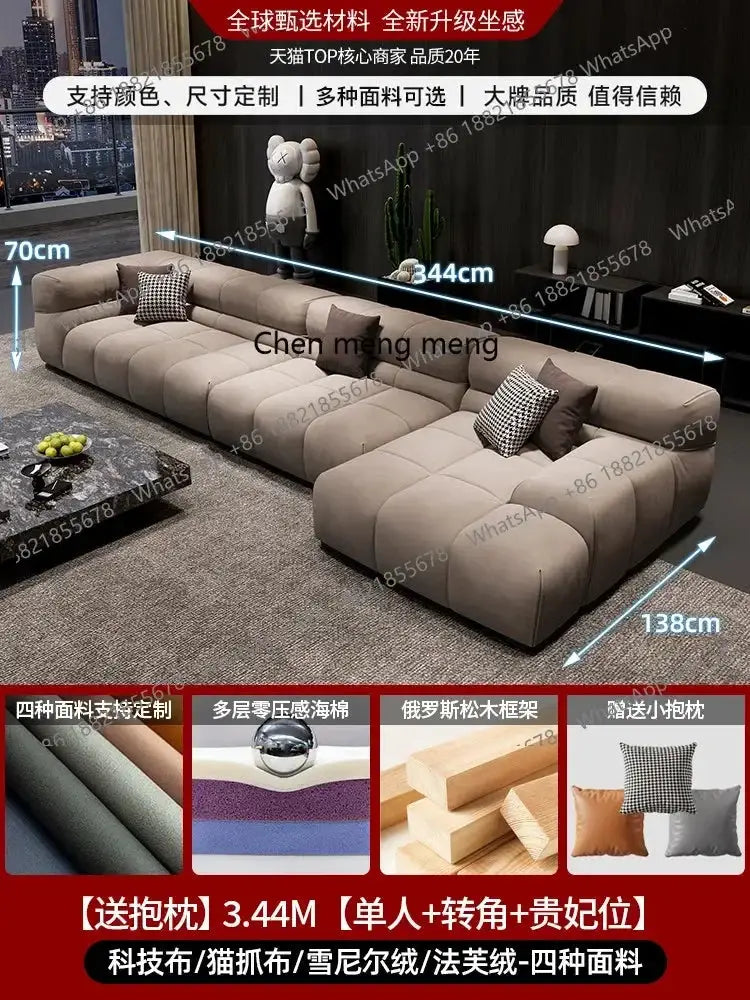 Beige fabric corner sectional sofa with tufted cushions, modern Nordic design, 344 cm long