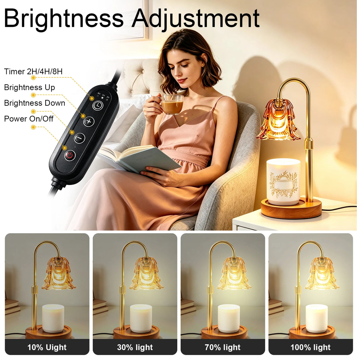 Gold candle warmer lamp with remote timer and dimmer, adjustable height, shown beside a lit candle and a woman reading.