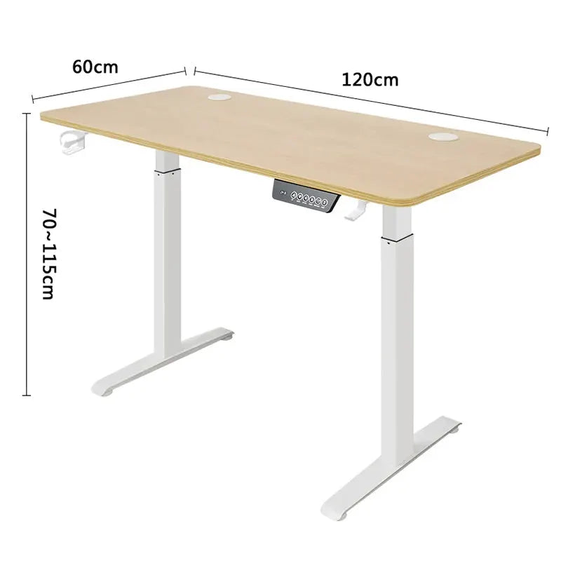 Electric height-adjustable standing desk with natural wood top and white metal legs.