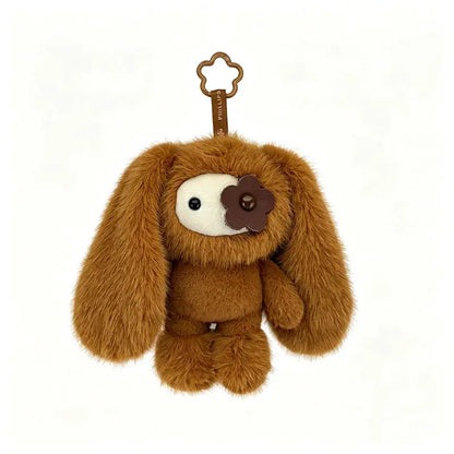 Cute Juju Rabbit plush keychain by PrimeCanada.Store, brown fur with white face patch and brown flower detail