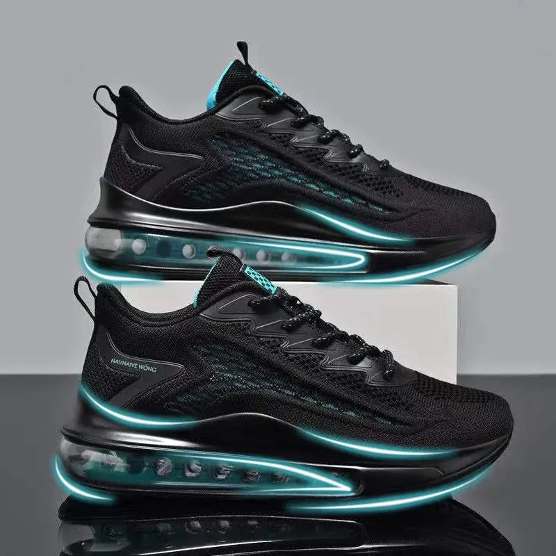 Two black men's running shoes with teal accents and glowing midsoles