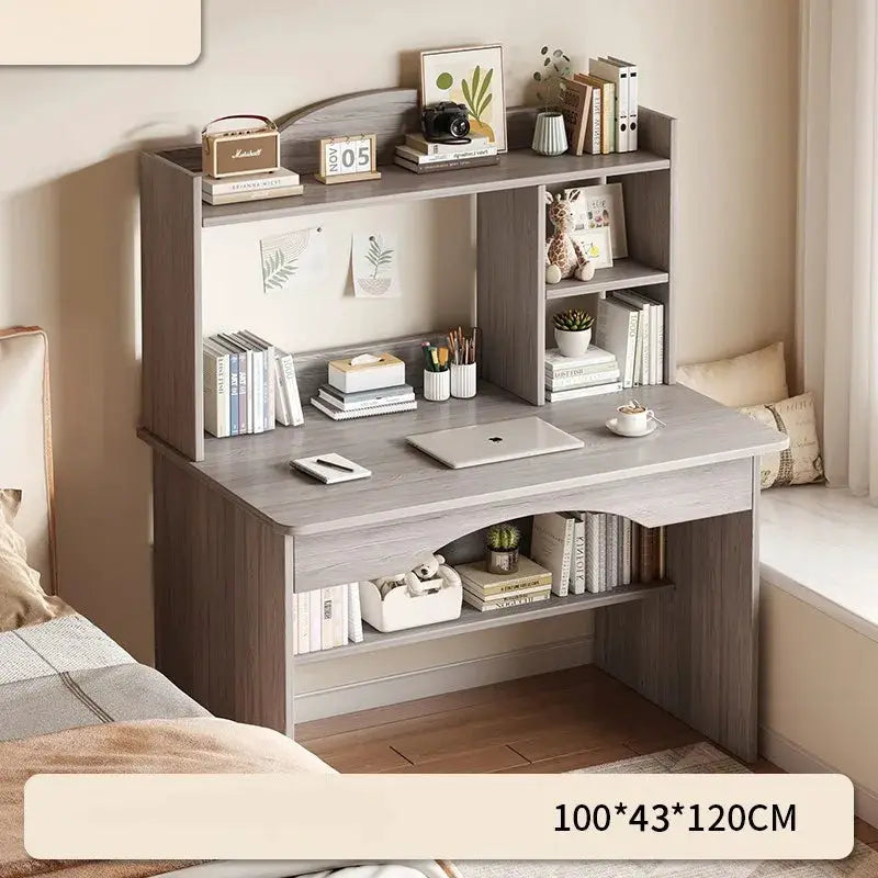 Home desk with integrated bookshelf, gray wood finish, 100×43×120 cm