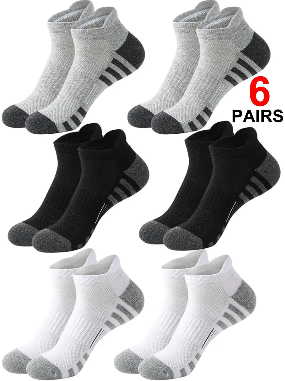 Breathable cushioned athletic ankle socks with extra padding for daily use, gray and black, 6 pairs.