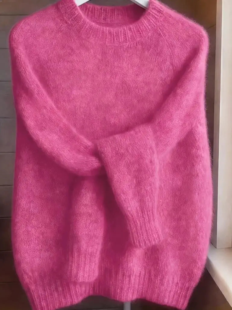 Womens Soft Cozy Knit Sweater pink fuzzy knit with crew neck and ribbed hem