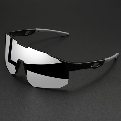 Oversized wraparound sports sunglasses with mirrored lenses and black frame.