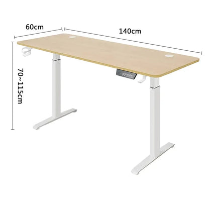 Electric height adjustable standing desk with wood top, white legs, and built-in control panel.