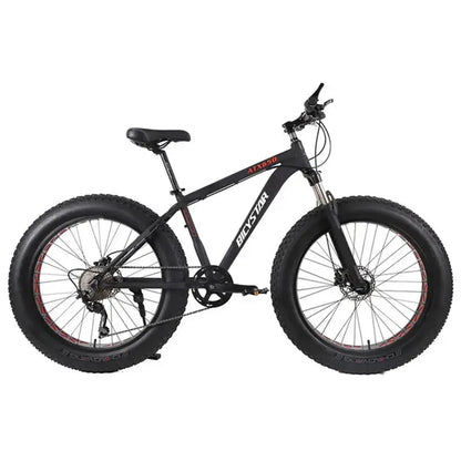 BigStar fat bike with 26x4.0 fat tires, black aluminum frame, disc brakes.