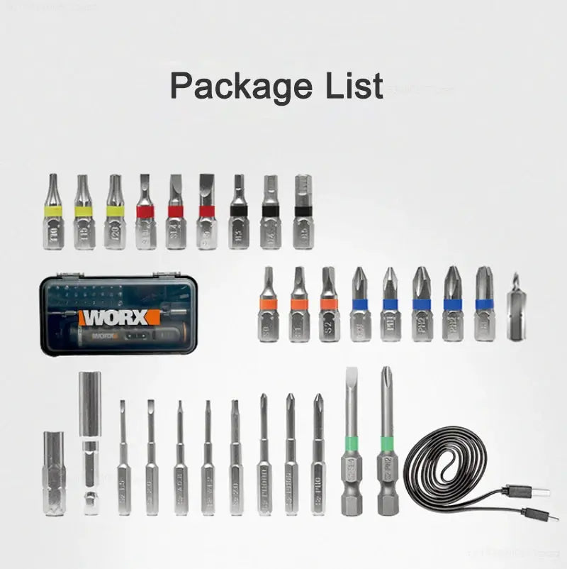 WORX WX242 mini cordless screwdriver set with 30-piece bit kit in a compact case; rechargeable with USB charging cable.