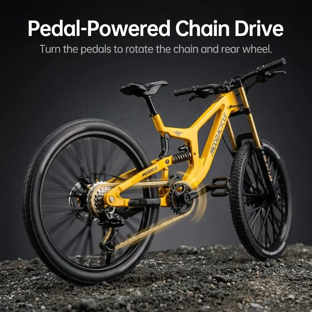 European bikes 1:8 alloy mountain bike model, yellow with dual suspension and realistic gears