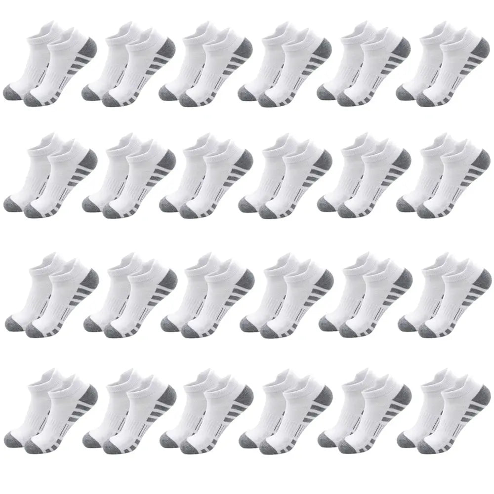 Breathable cushioned athletic ankle socks with extra padding; white with gray heel and toe, PrimeCanada.Store, 24-pair pack