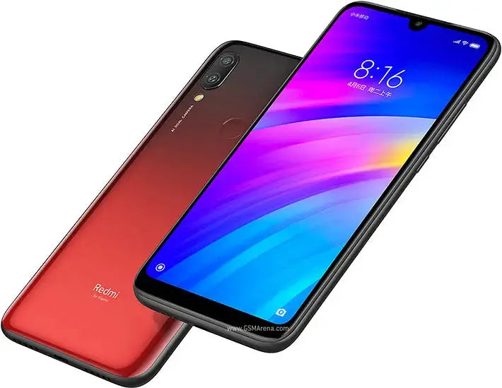 Two Xiaomi Redmi 7 smartphones with red gradient backs, 6.26-inch HD displays, 4000mAh batteries