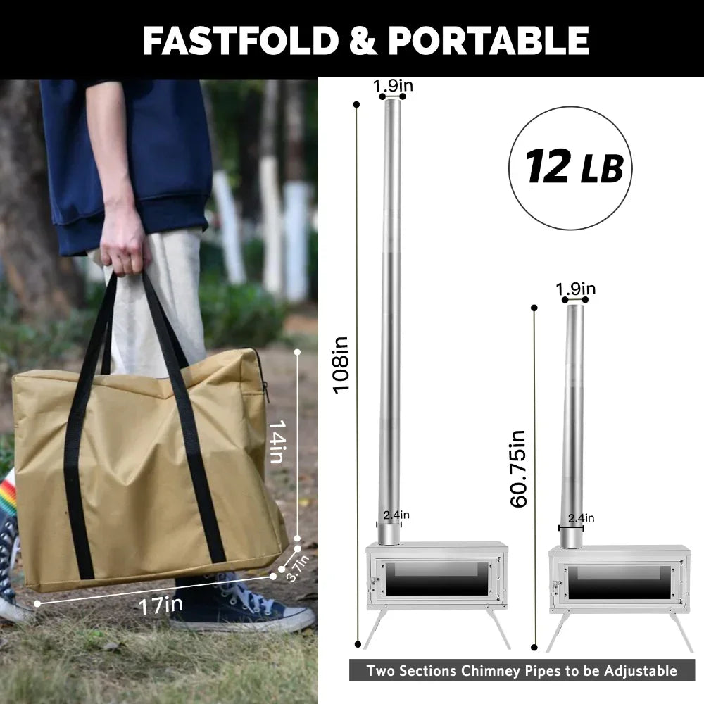 Estufa de leña portátil plegable con chimenea para tienda de campaña, Fastfold, plateada