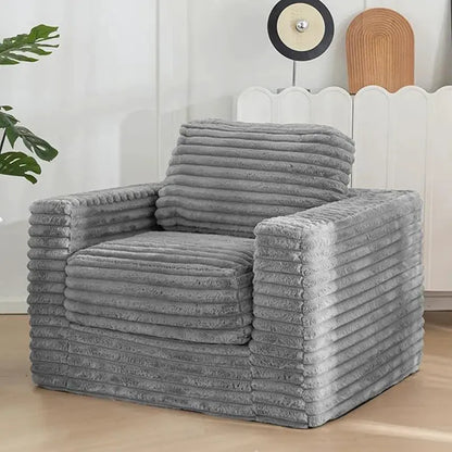 Tufted backrest sofa bed in grey plush fabric with ribbed texture