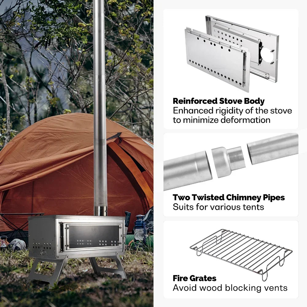 Estufa de leña portátil plegable con chimenea para tienda de campaña, Fastfold, plateada
