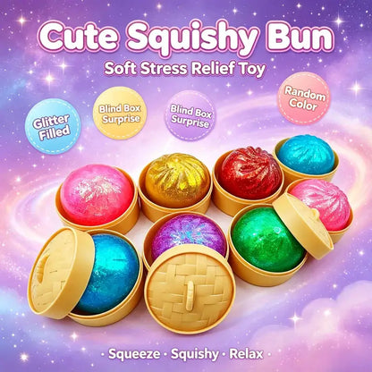 Mini squeeze stress relief dumplings in yellow round boxes; glitter-filled, random colors, soft transparent TPR toys