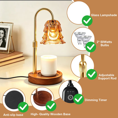 Gold candle warmer lamp with glass lampshade on wooden base; dimmable, adjustable height, timer for vintage home decor