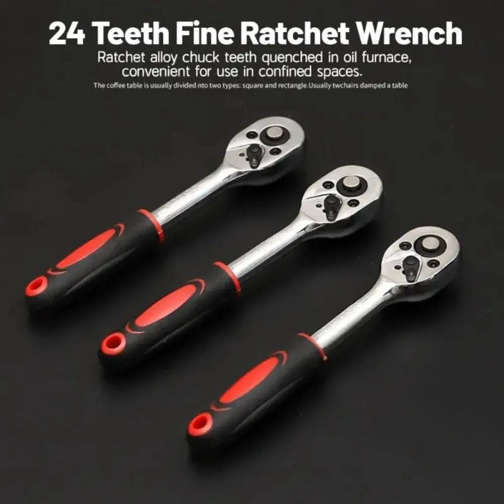 Three-piece 1/4-inch drive ratchet wrench set with carbon steel bodies and black/red ergonomic handles