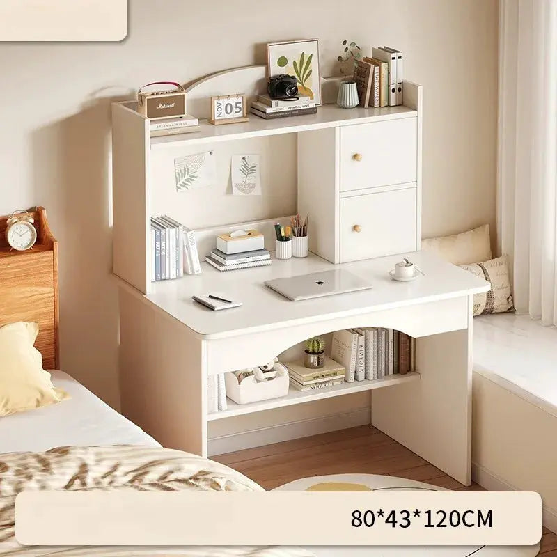 Home desk with integrated bookcase and two drawers; white compact study workstation.