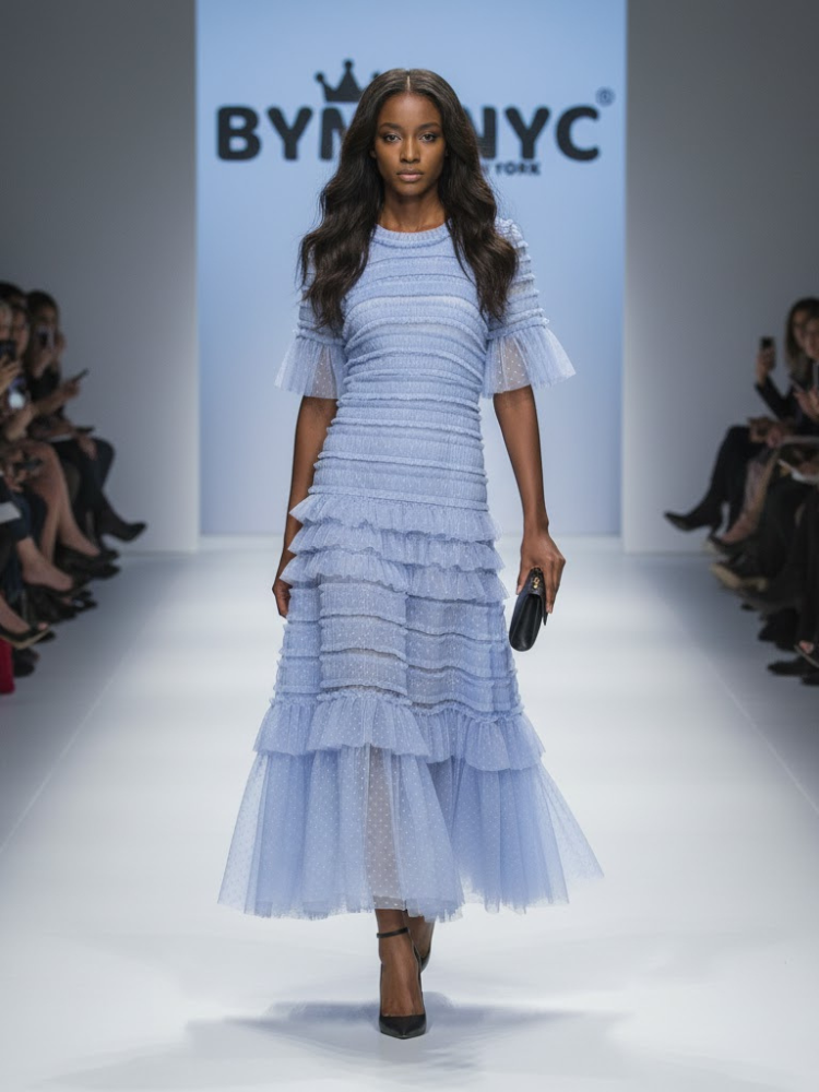 Sky Blue Ruffle Midi Dress CENTRAL PARK: Prêt-à-Porter Line BYMANYC ® New York-0
