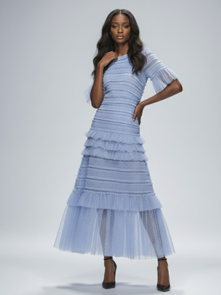 Sky Blue Ruffle Midi Dress CENTRAL PARK: Prêt-à-Porter Line BYMANYC ® New York-1