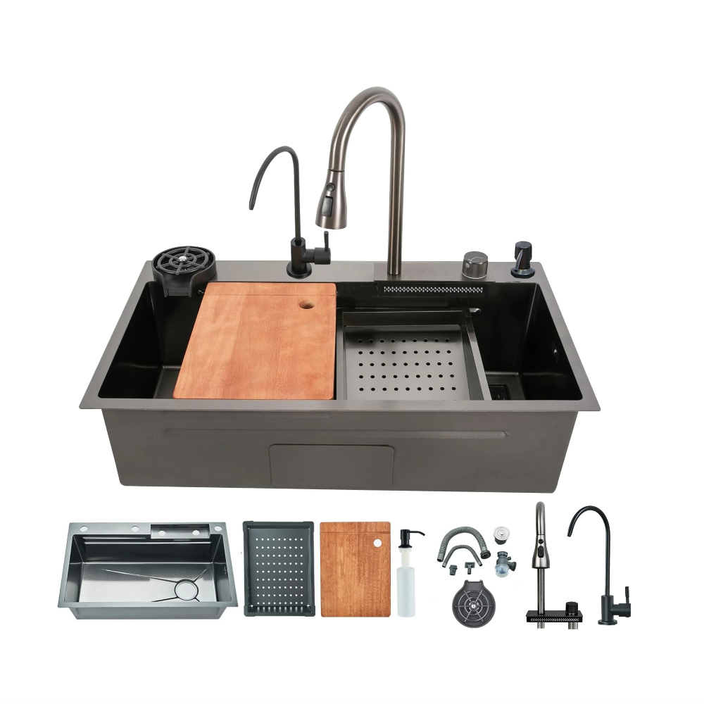 Smart Waterfall  (24 x 18 x 10 ) 304 Stainless Steel Kitchen Sink Black-0