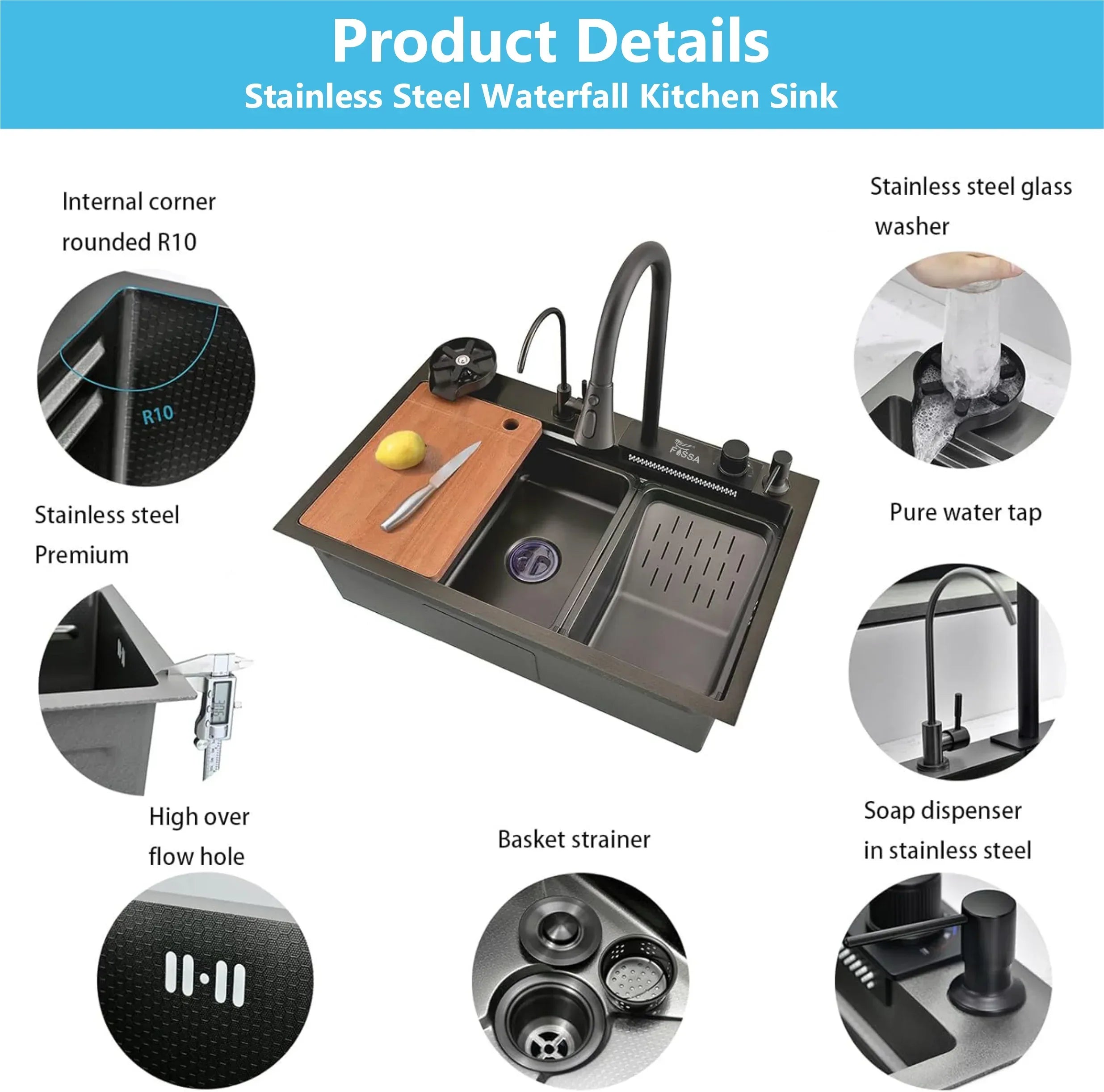 Smart Waterfall (30 x 18 x 10) Inch 304 Stainless Steel Kitchen Sink Black-2