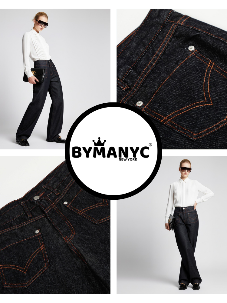 Wide-Leg Denim Trousers with Inverted Pocket Design • BYMANYC ® New York-2
