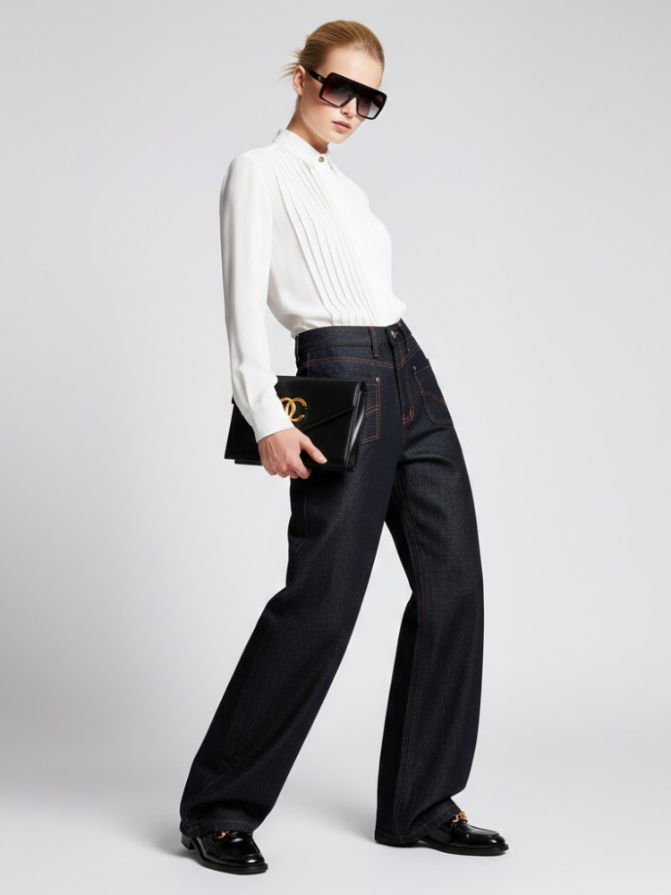 Wide-Leg Denim Trousers with Inverted Pocket Design • BYMANYC ® New York-1