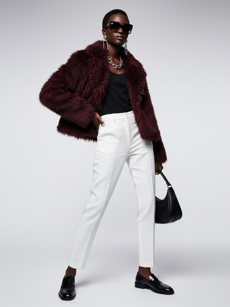 Women's Faux Fur Cropped Jacket BURGUNDY - CARROLL GARDENS: New Collection COUTURE in BROOKLYN - BYMANYC ® New York-2